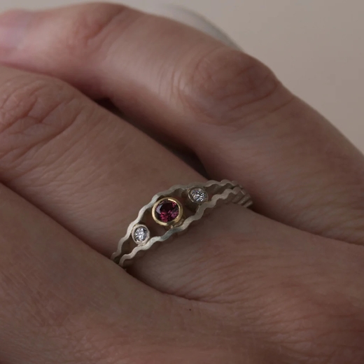 Strata Three Stone Ruby Ring - worn